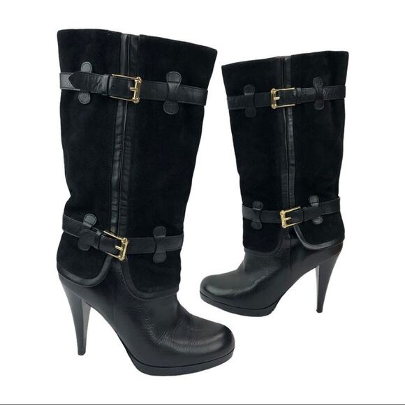 Cole Haan Kennedy Leather Suede High Heel Nike Air Boots Buckles in Black 6.5 - Picture 2 of 14